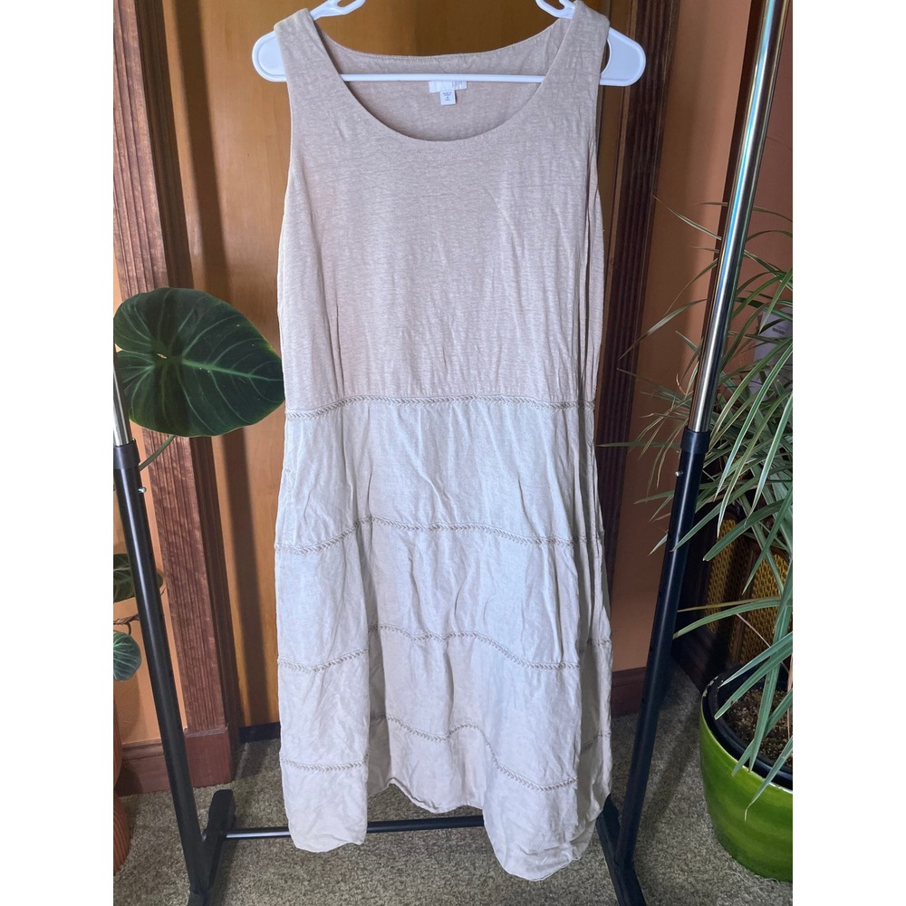 J. Jill Linen Lagenlook Tiered Midi Dress Beige Oatmeal Sleeveless Size M Tall